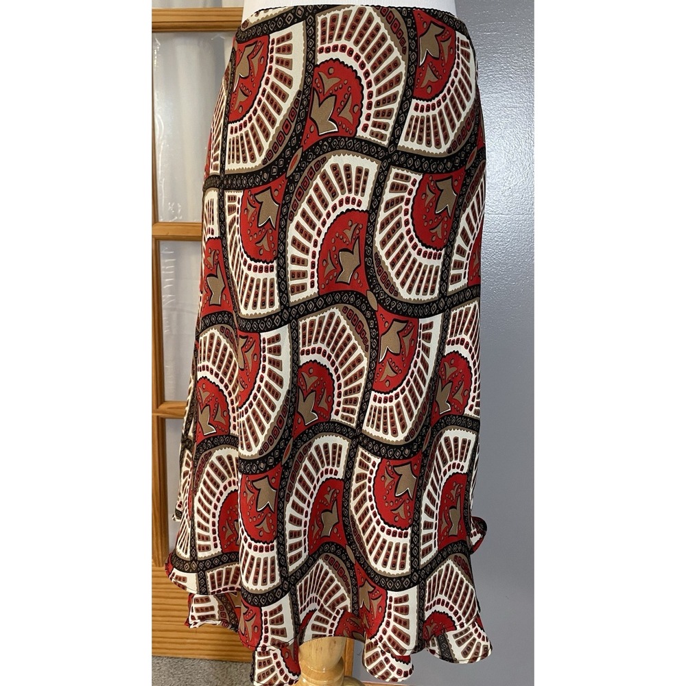 DFA New York Layered Abstract Skirt Sz L Red Beige Ruffled Hem Pull On Modern